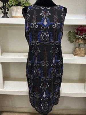 Francescas Black Beaded Dress With Blue And Silver Ornate Embroidery, Size M